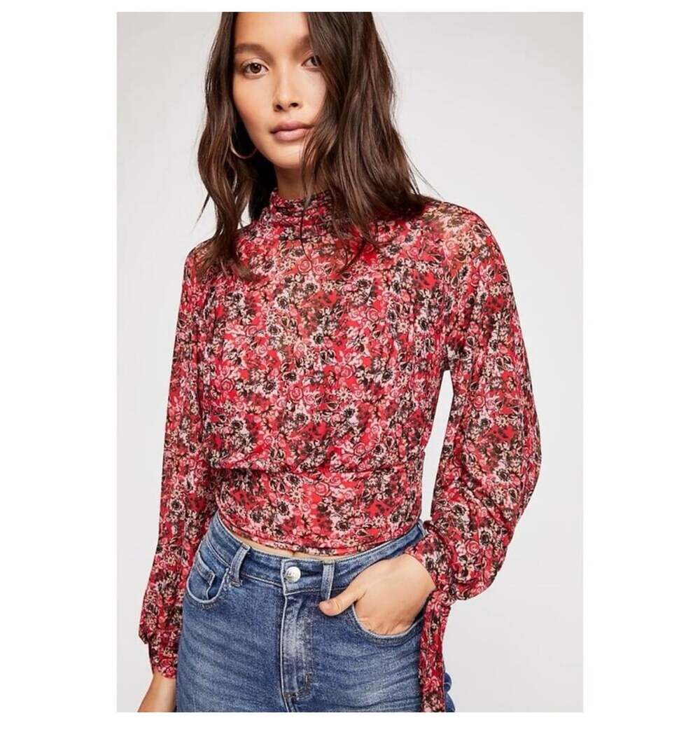 Free People All Dolled Up Mesh Floral Mock Neck Top Blouse